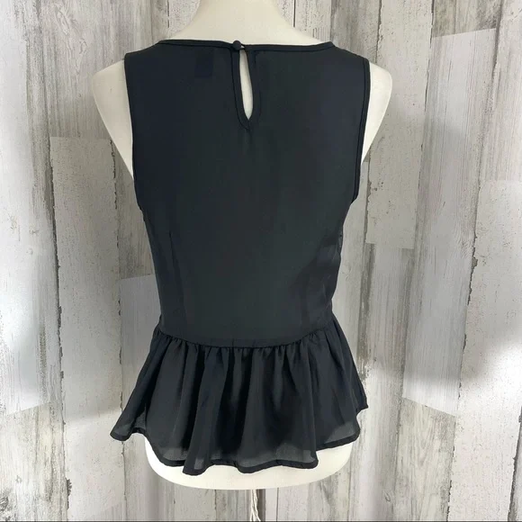 Forever 21 Black Sheer Mesh Embroidered Peplum Ruffle Sleeveless Blouse Top M - Picture 7 of 9